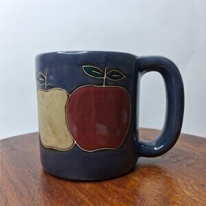 Mara 16 oz. Coffee / Tea Mug Dark Blue with Red & Beige‎ Apples Made in Mexico